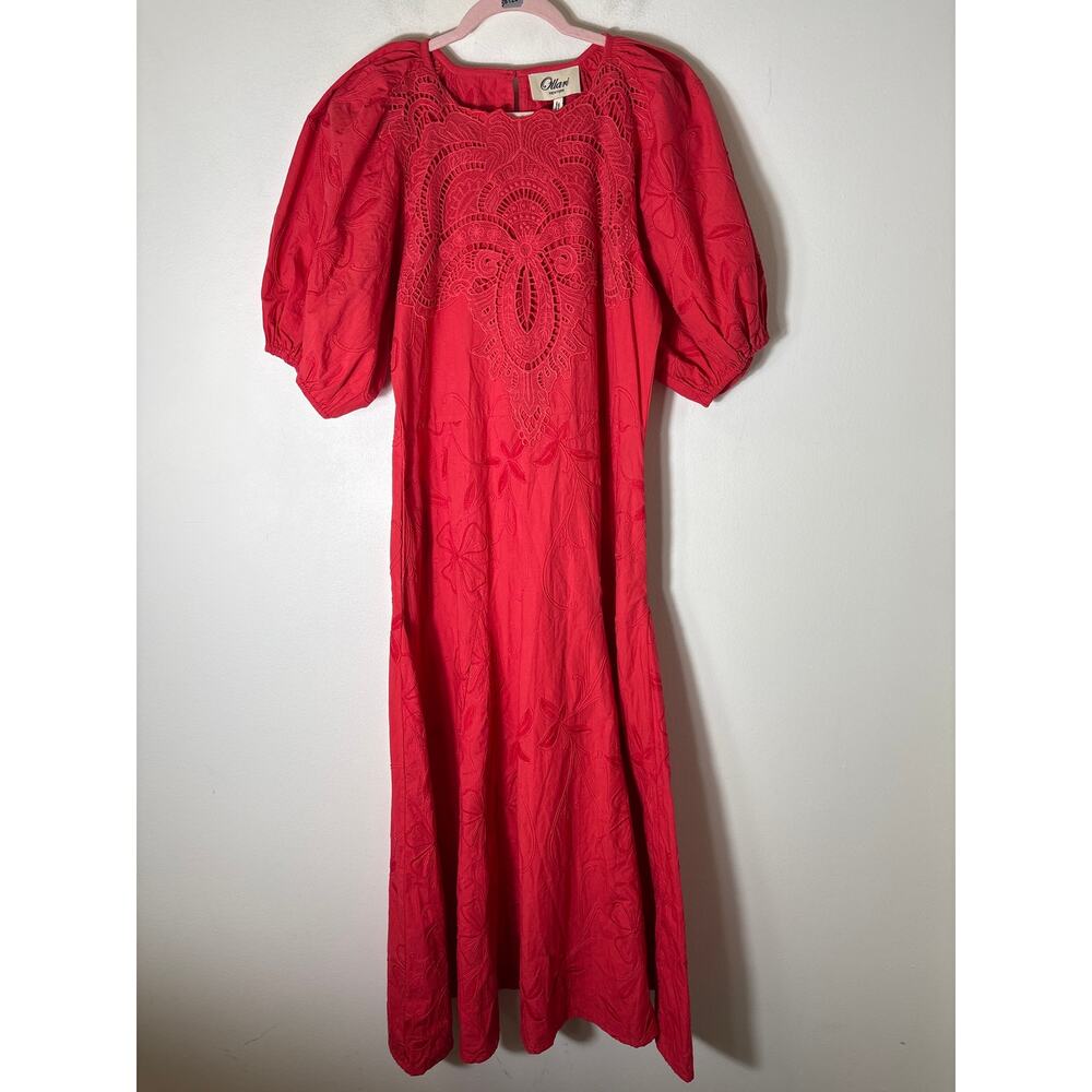 NWT Ollari Red "Evelyn Mayi" Puff Sleeve Embroidered Cotton Maxi Dress Sz S
